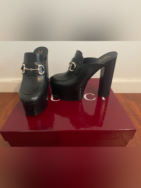 Gucci Shoes - Gucci Black Leather Platform Mule Heels with Gold Horsebit